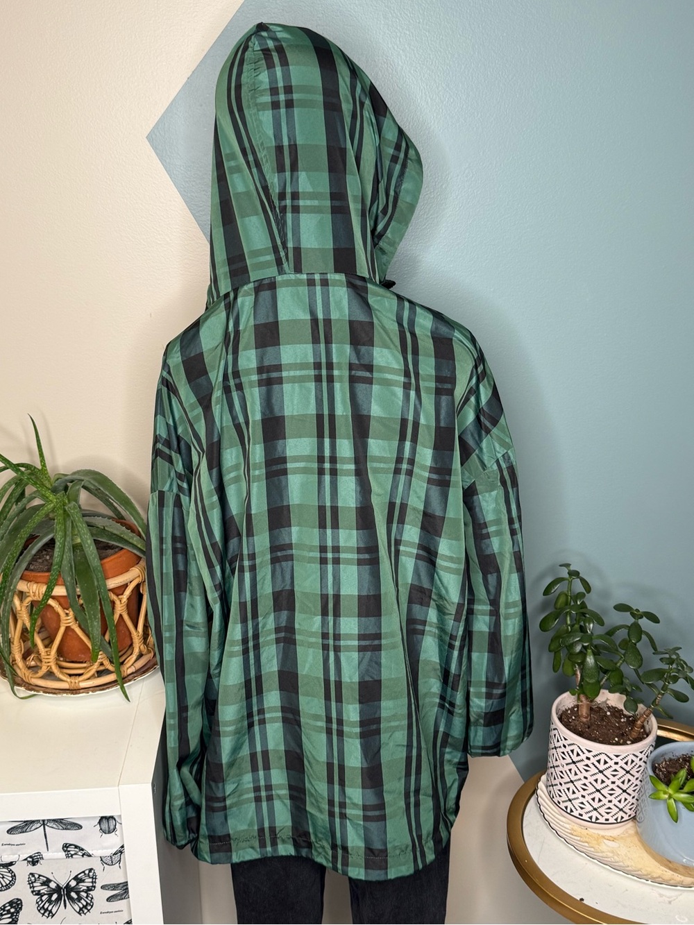 Zara Green Plaid Oversized Hooded Anorak Windbreaker XL - Picture 7 of 12